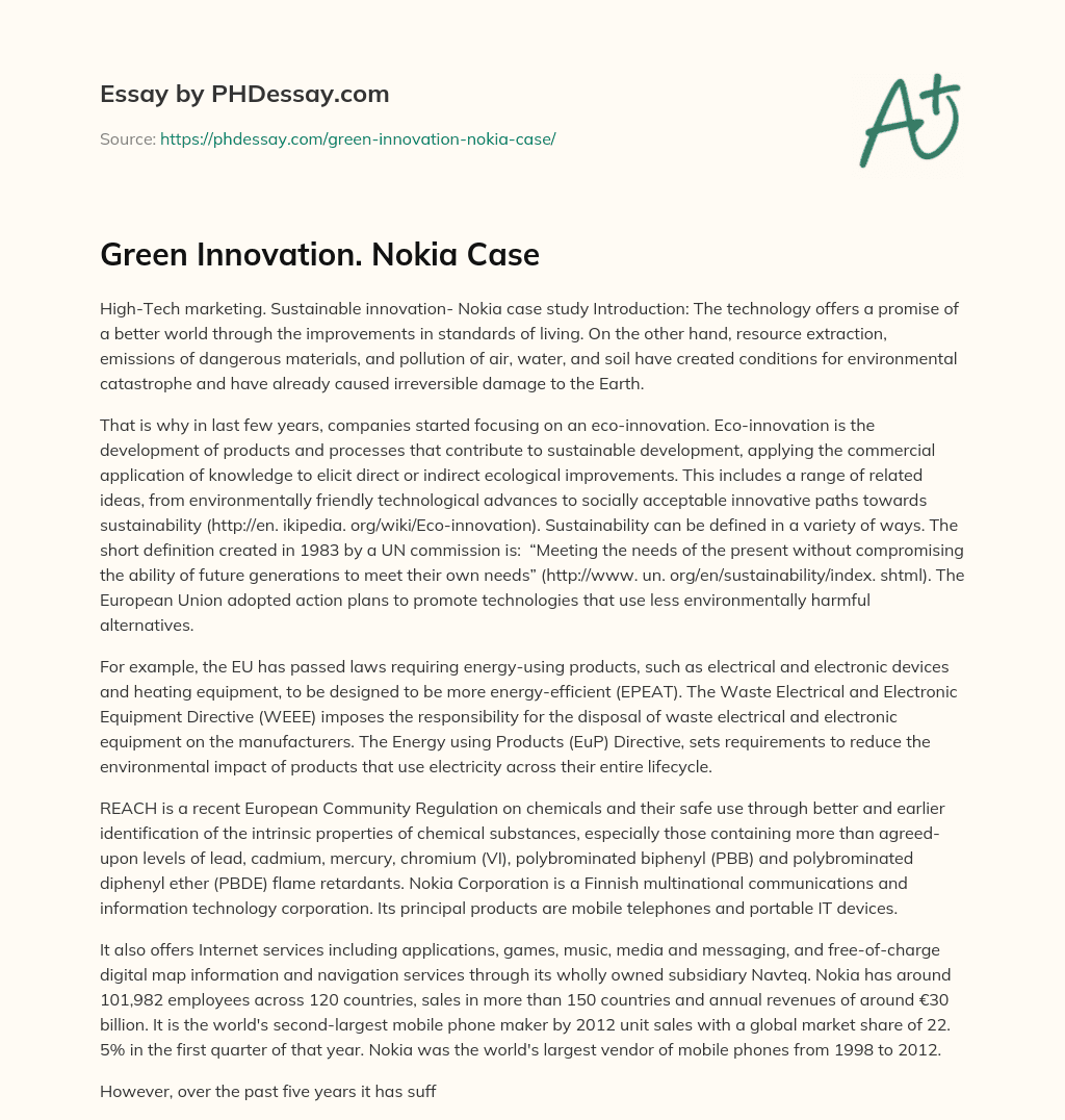 Green Innovation. Nokia Case essay
