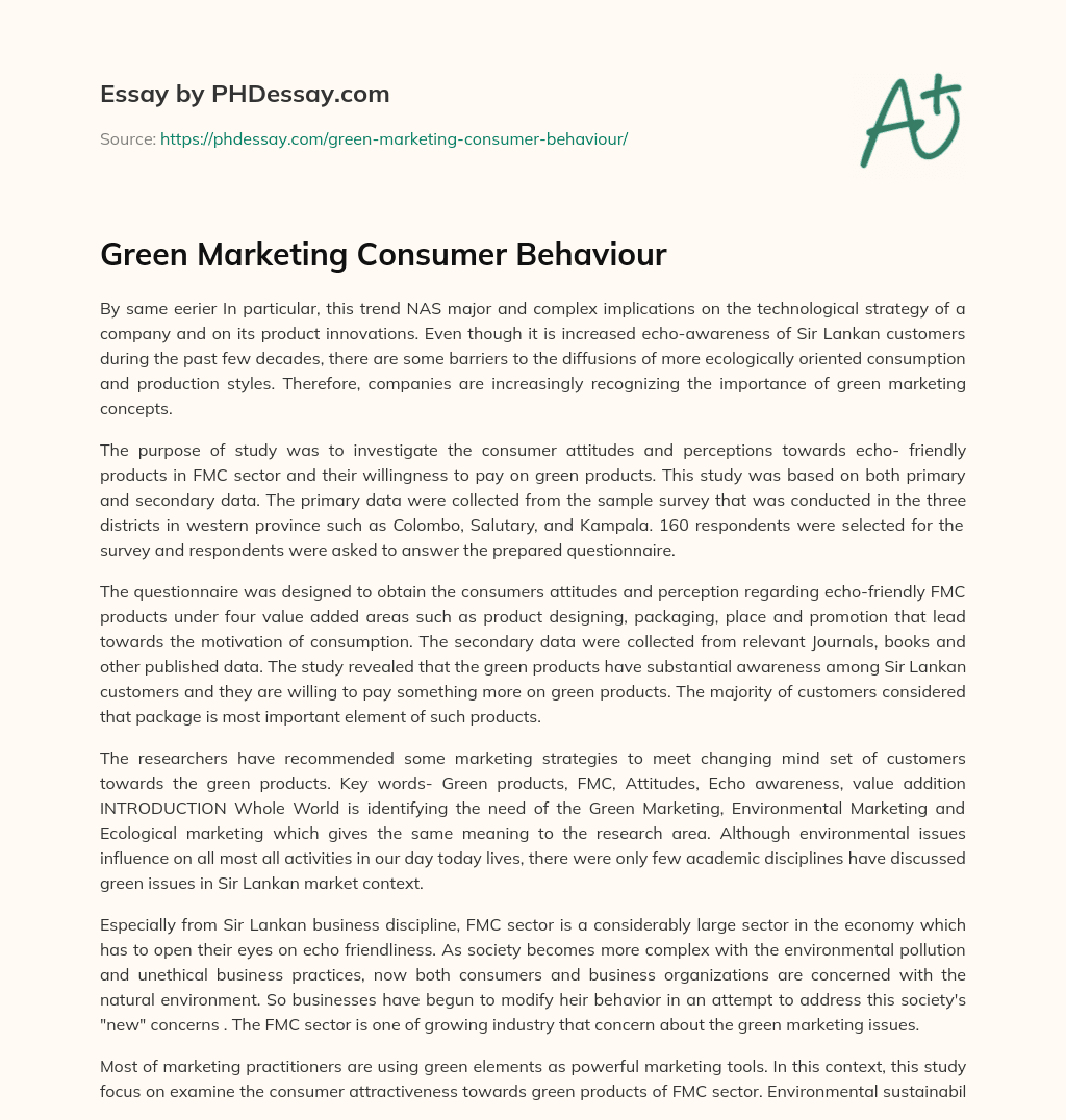 Green Marketing Consumer Behaviour essay