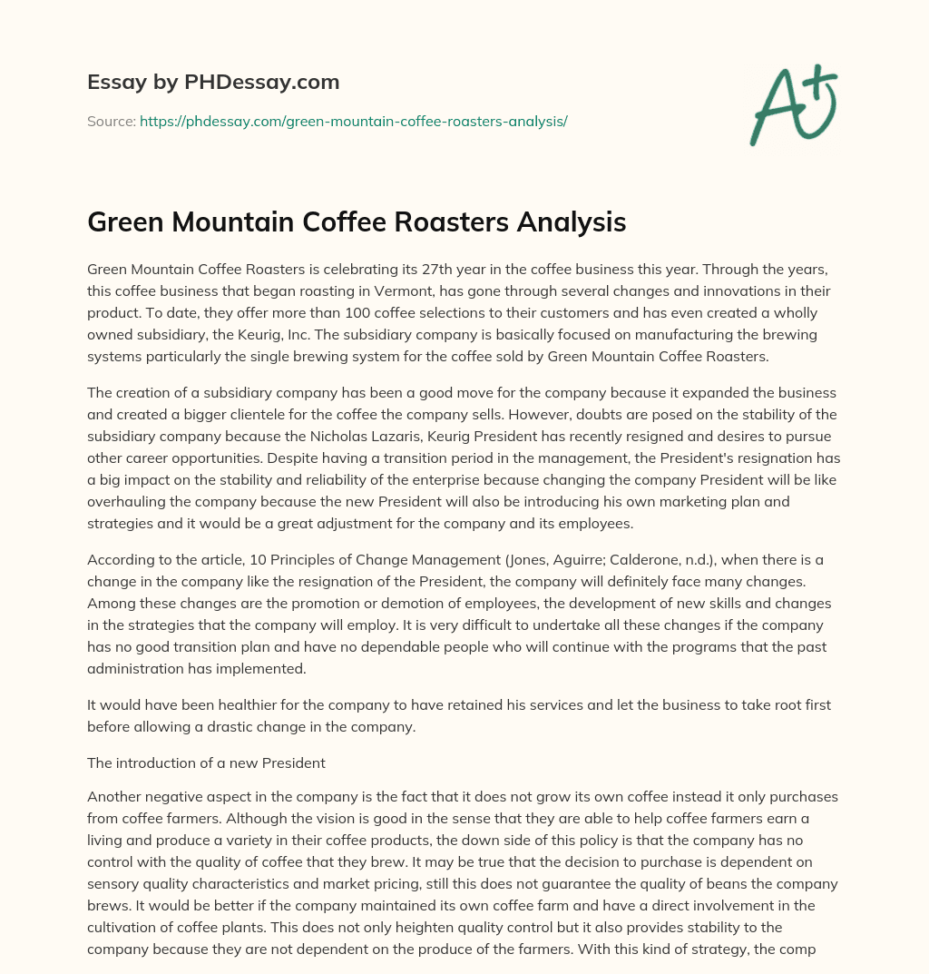 Green Mountain Coffee Roasters Analysis essay