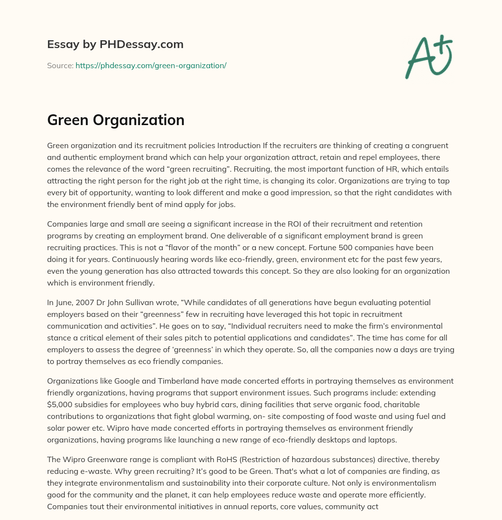 Green Organization and its Recruitment Policies essay