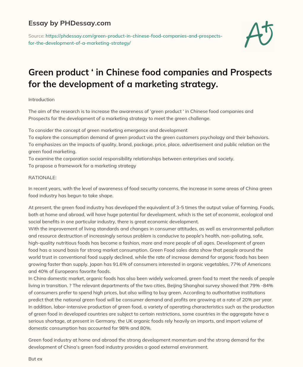 Developing a Marketing Strategy for Green Products in Chinese Food Companies essay