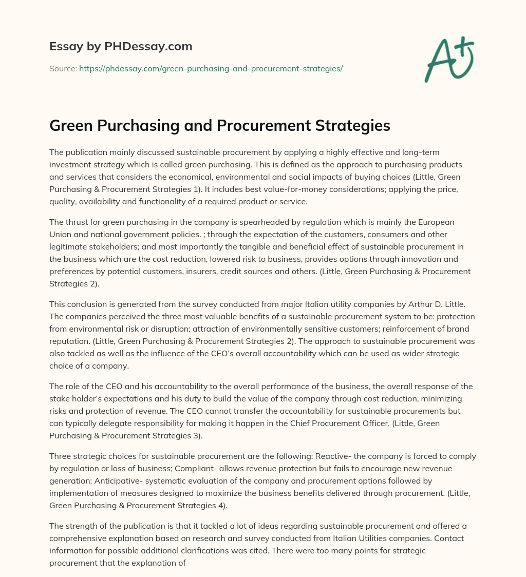 Green Purchasing and Procurement Strategies essay