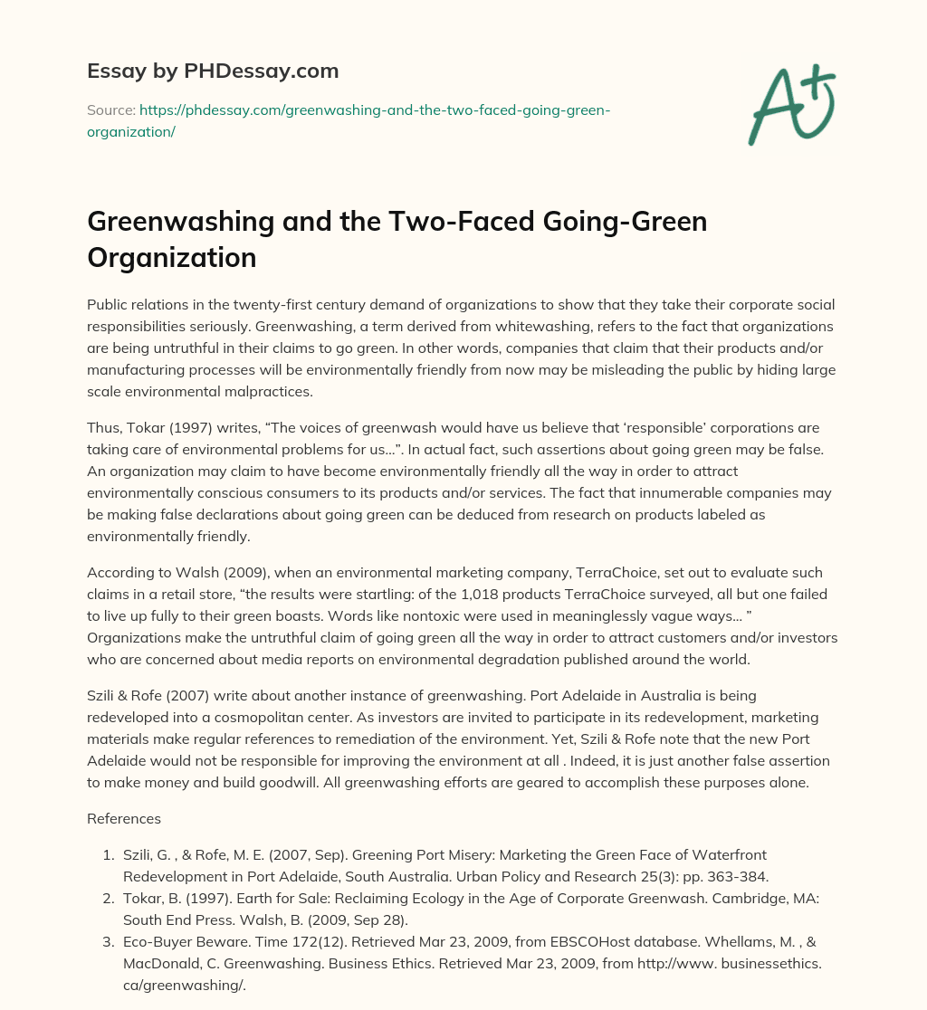 Greenwashing and the Two-Faced Going-Green Organization essay