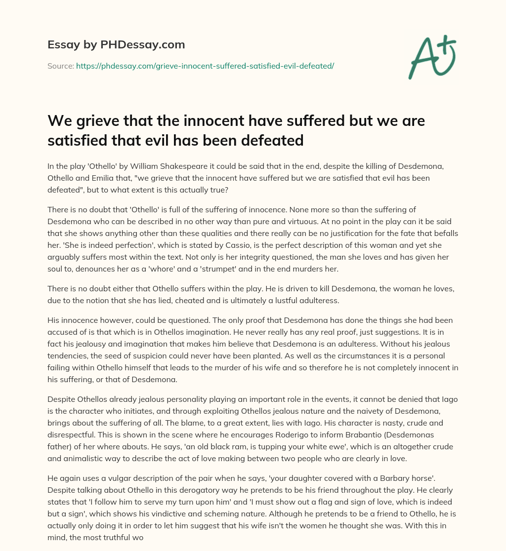 The Suffering of Innocence in Shakespeare’s ‘Othello’ essay