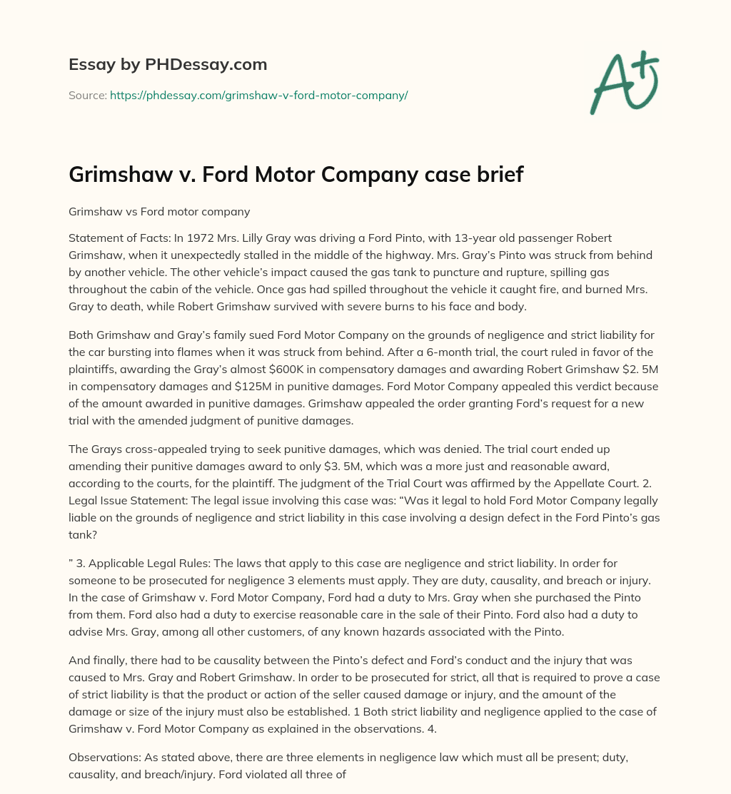 Grimshaw V. Ford Motor Company Case Brief Summary Example