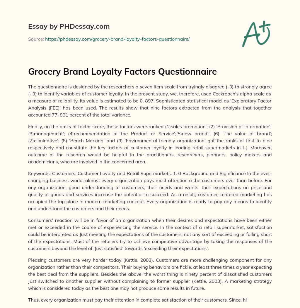Grocery Brand Loyalty Factors Questionnaire essay