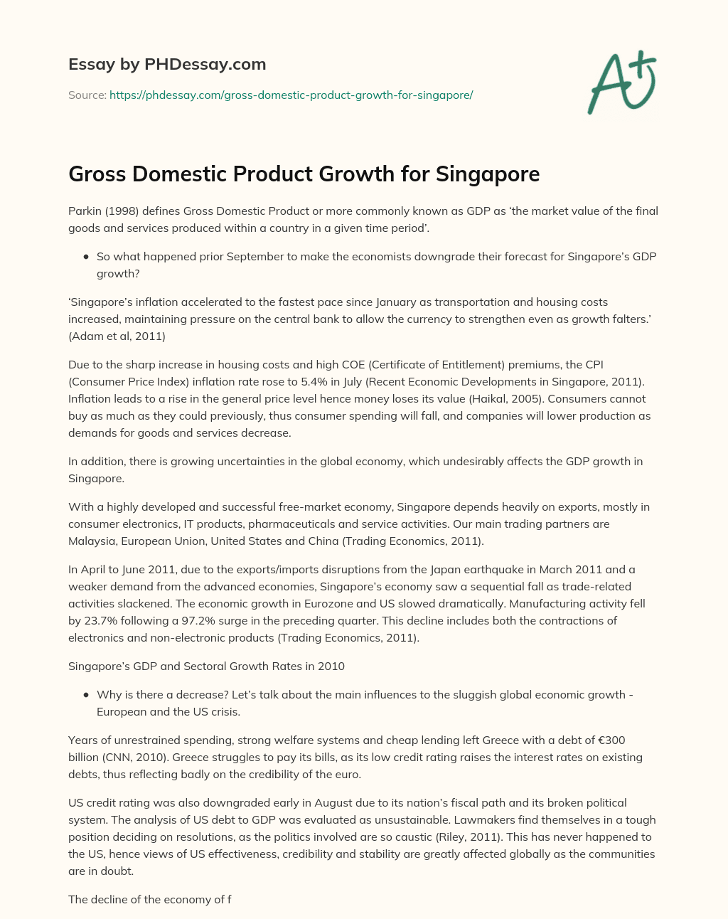 Gross Domestic Product Growth for Singapore essay