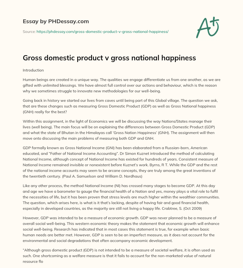 Gross domestic product v gross national happiness essay