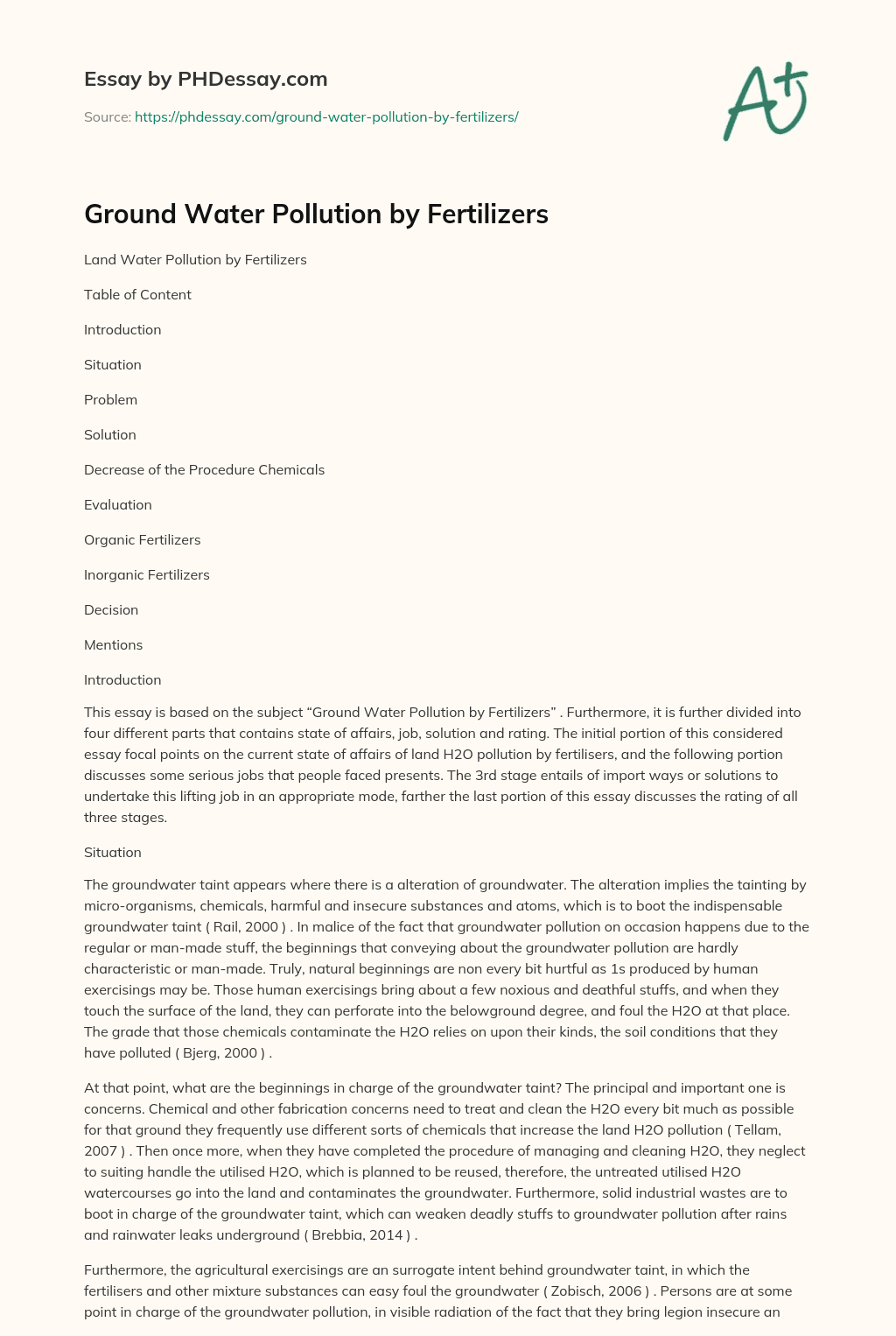 Ground Water Pollution by Fertilizers essay