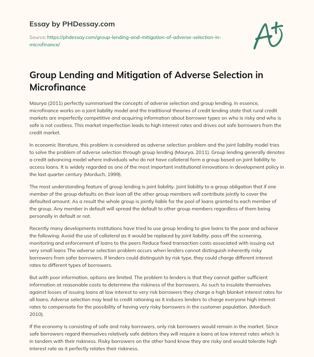 Group Lending and Mitigation of Adverse Selection in Microfinance essay