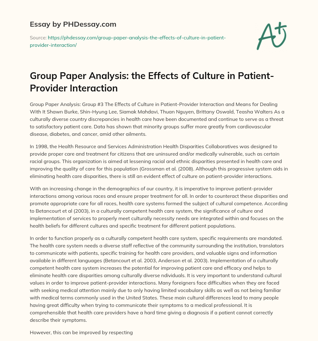 Group Paper Analysis: the Effects of Culture in Patient-Provider Interaction essay