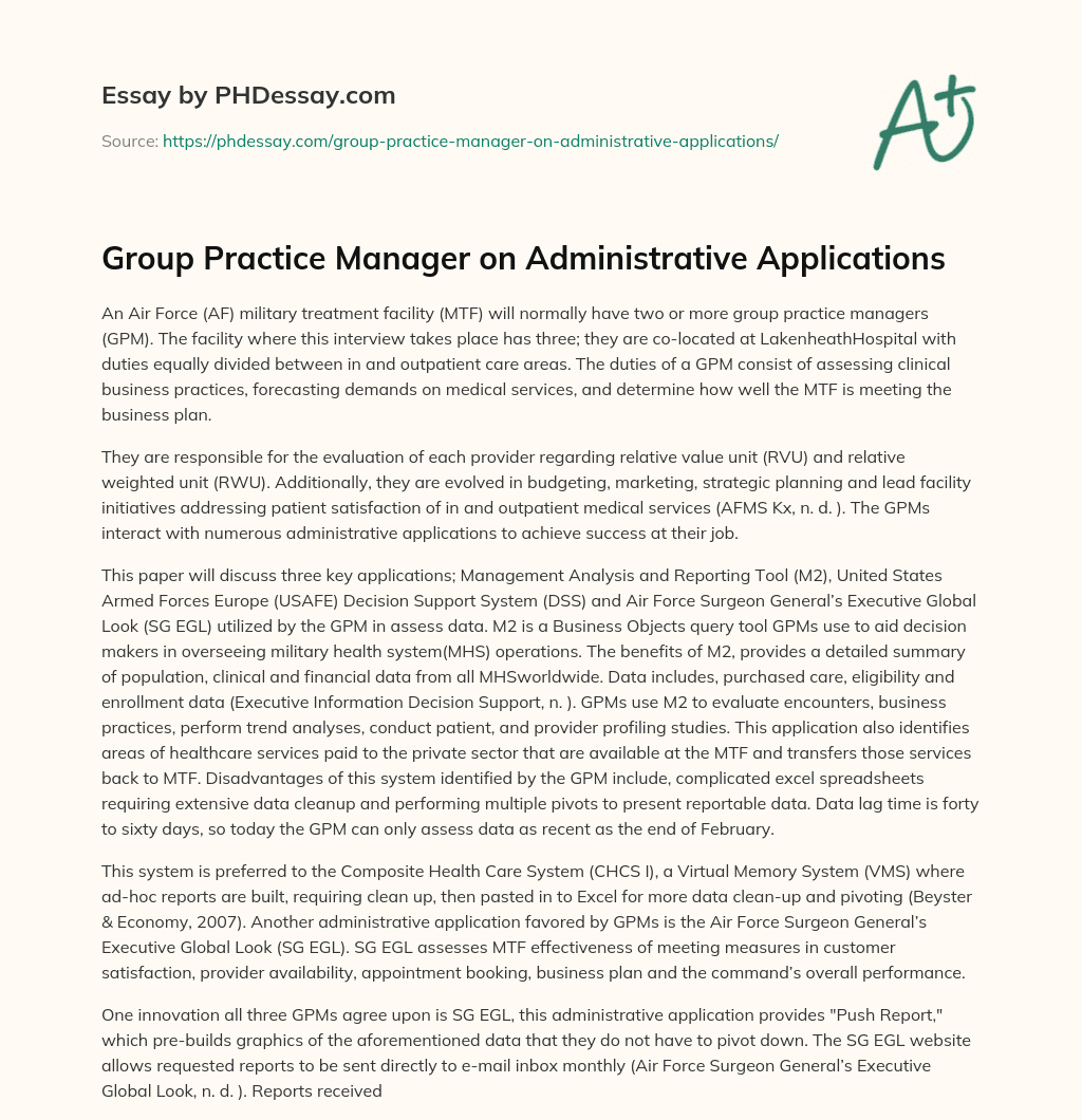 Group Practice Manager on Administrative Applications essay