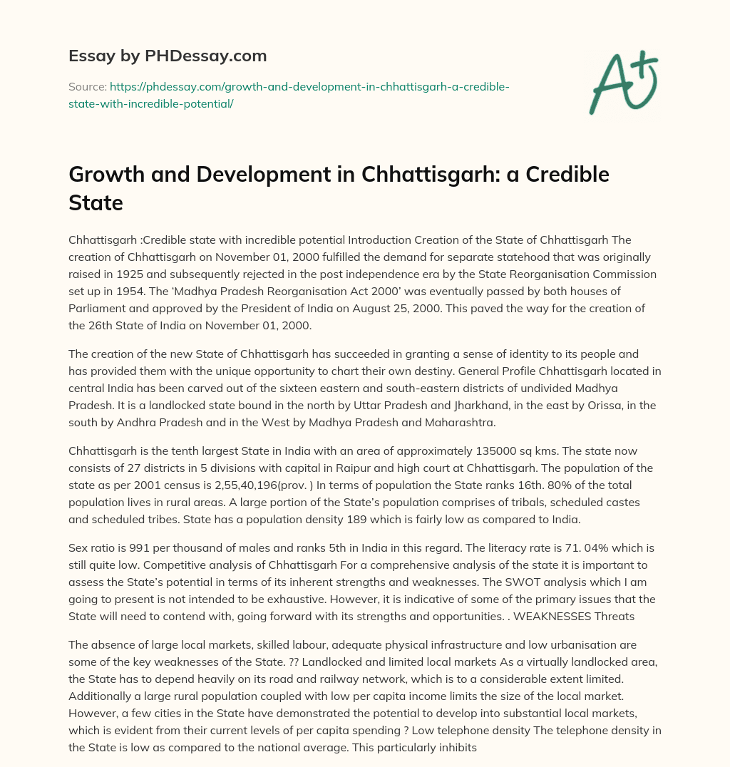 Growth and Development in Chhattisgarh: a Credible State essay