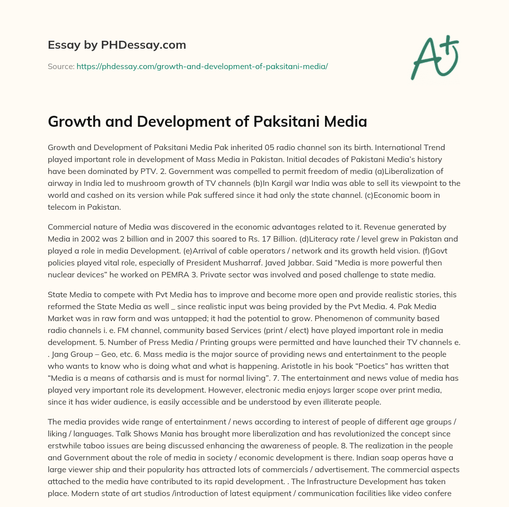 Growth and Development of Paksitani Media essay