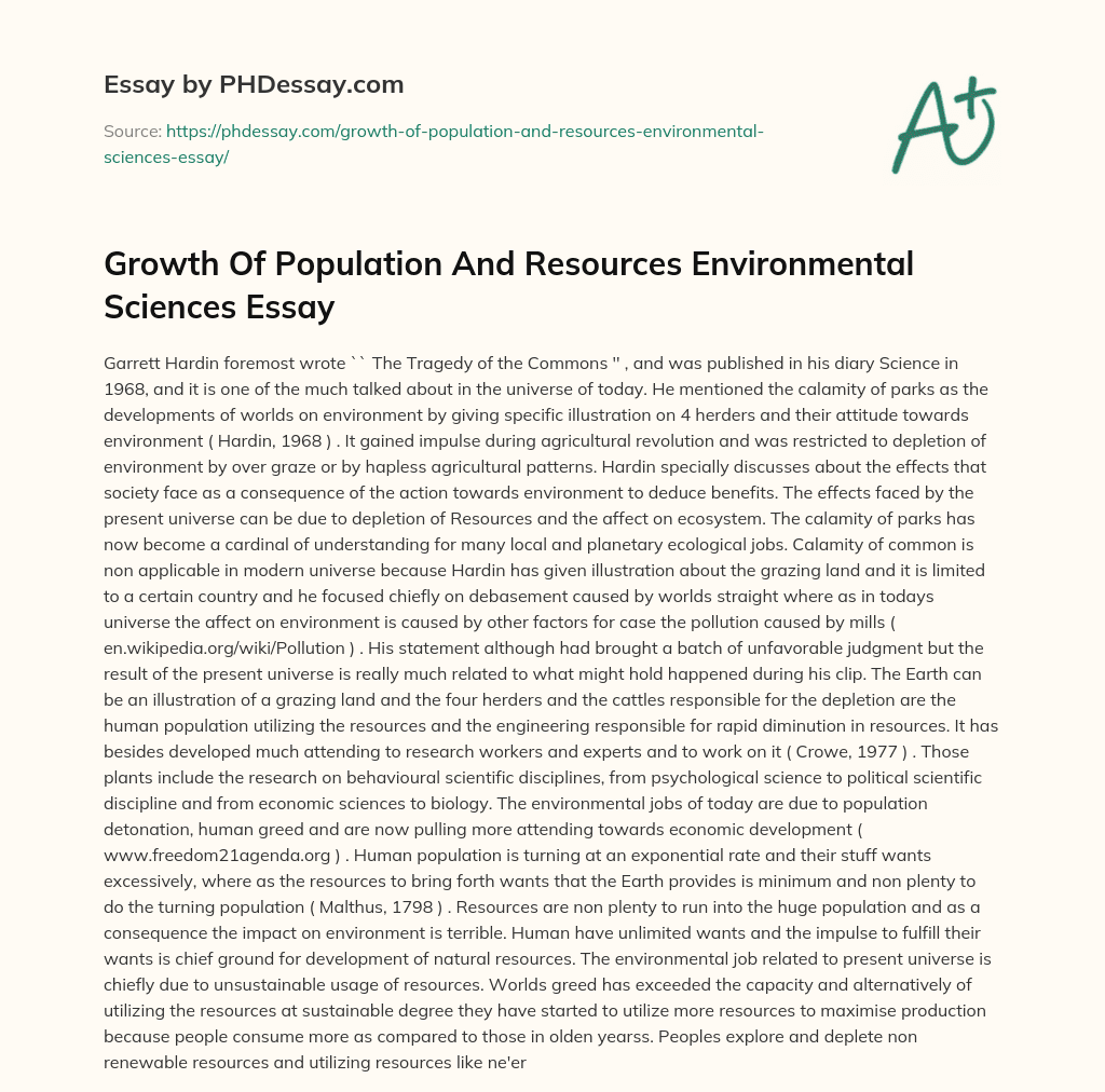 Growth Of Population And Resources Environmental Sciences Essay essay