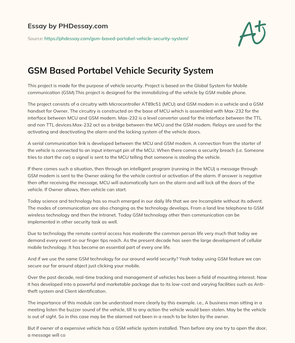 GSM Based Portabel Vehicle Security System essay