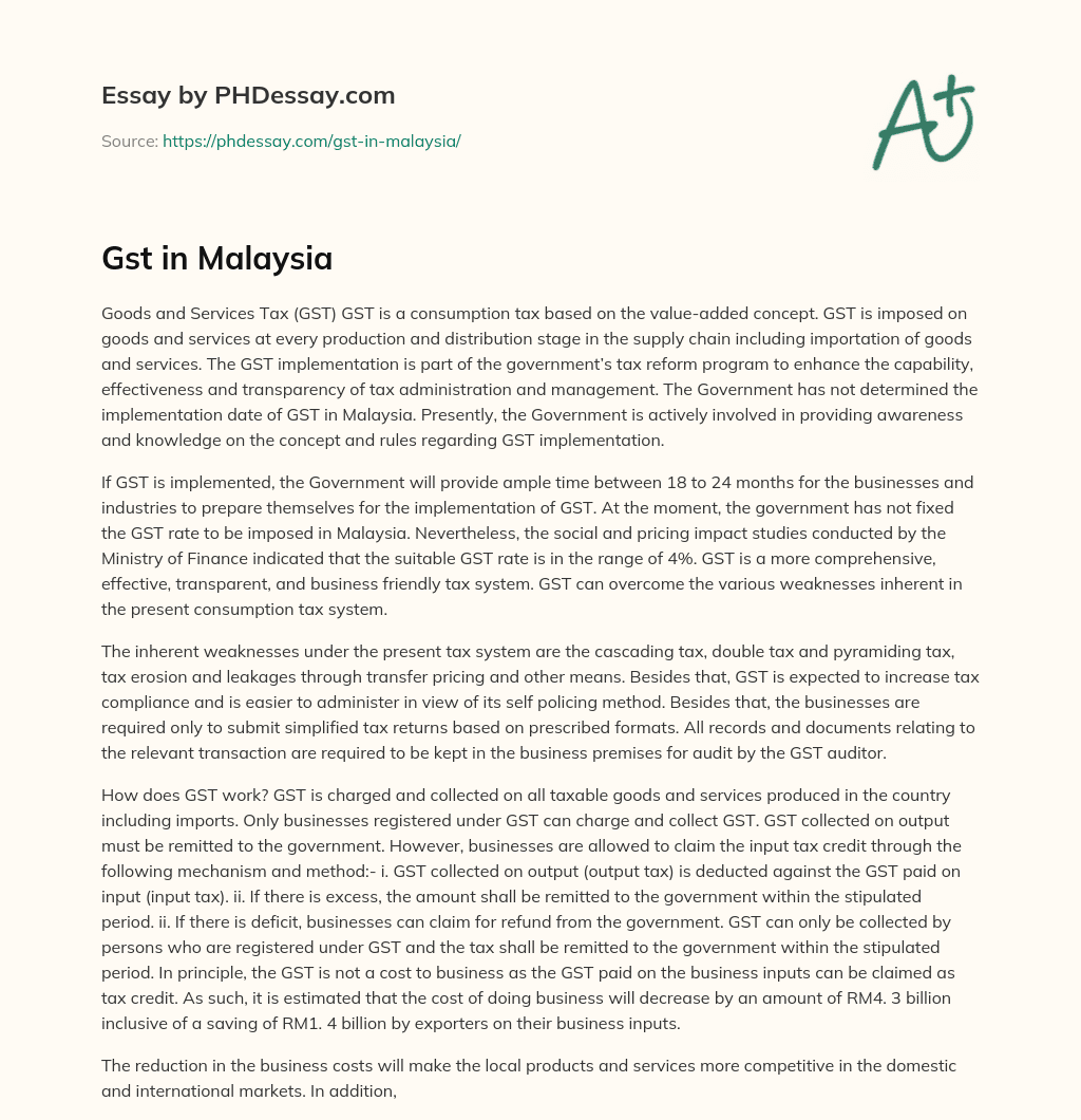 Gst in Malaysia essay