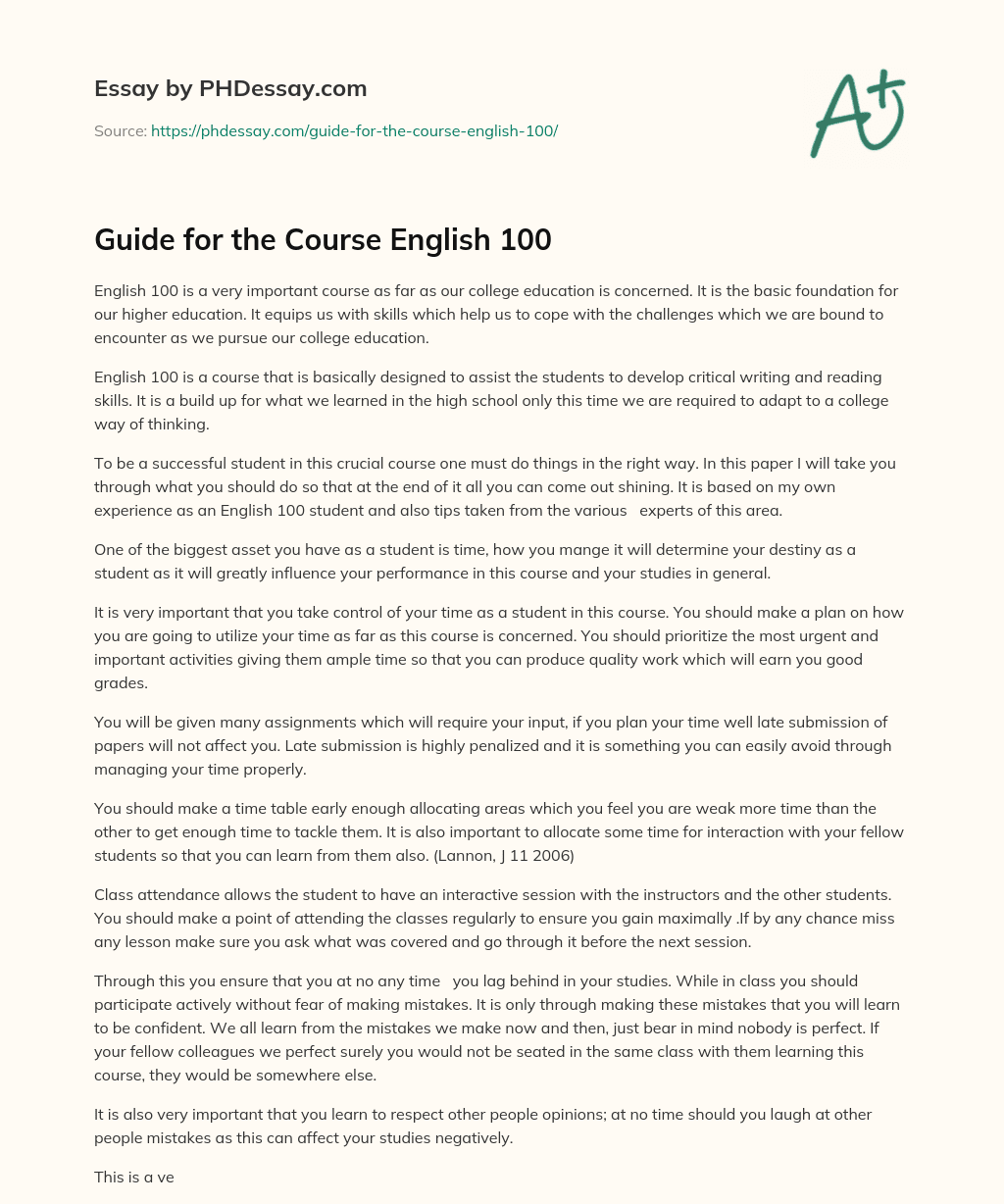 Guide for the Course English 100 essay