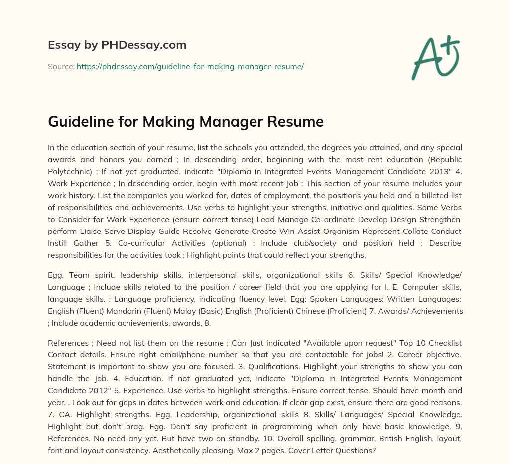 Guideline for Making Manager Resume essay
