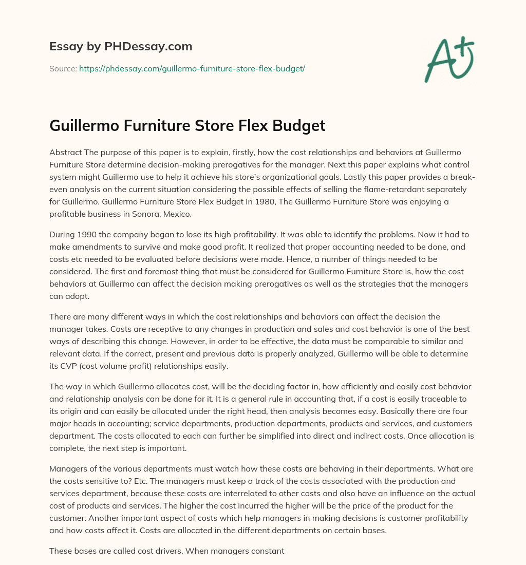 Guillermo Furniture Store Flex Budget essay