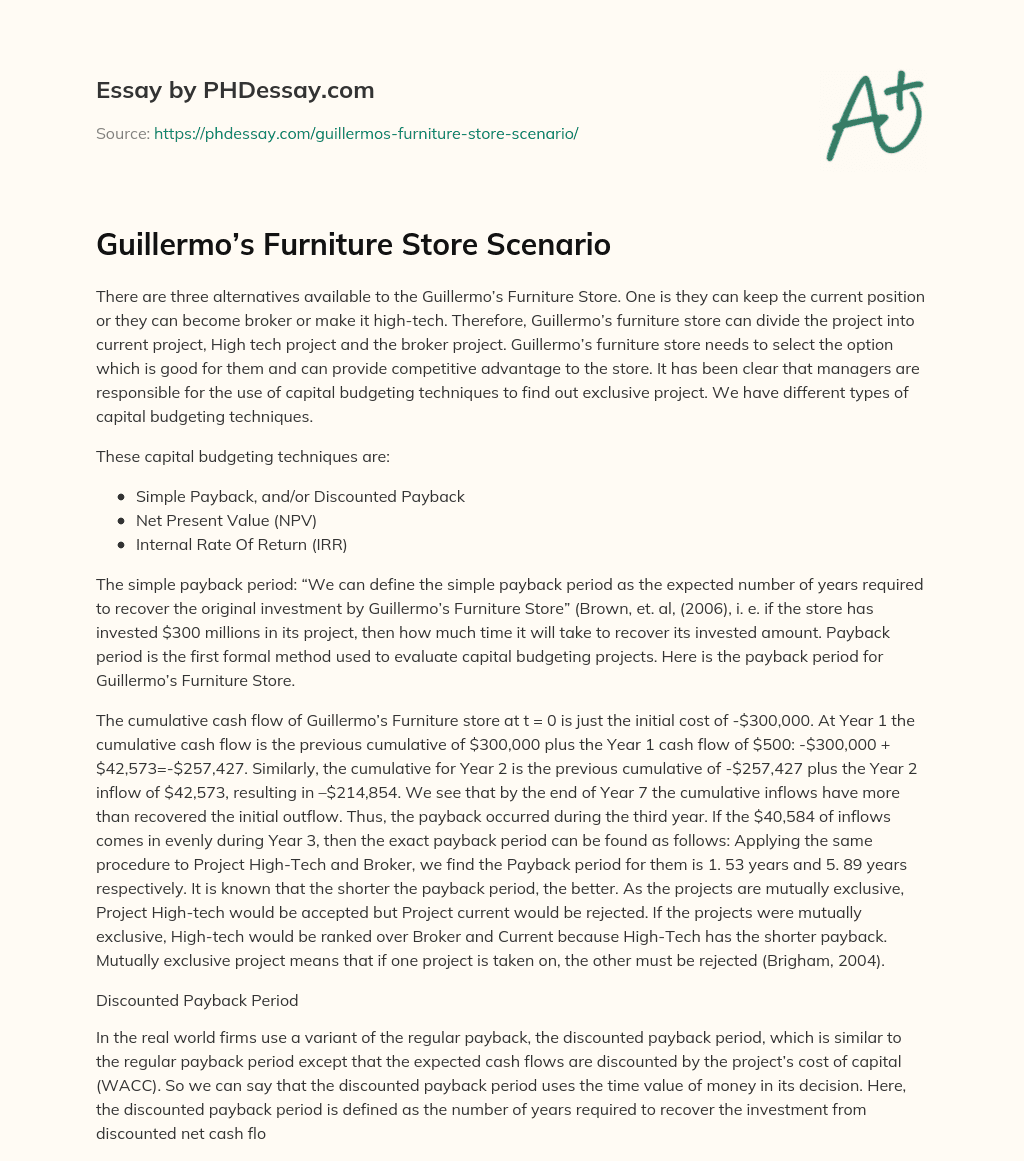 Guillermo’s Furniture Store Scenario essay