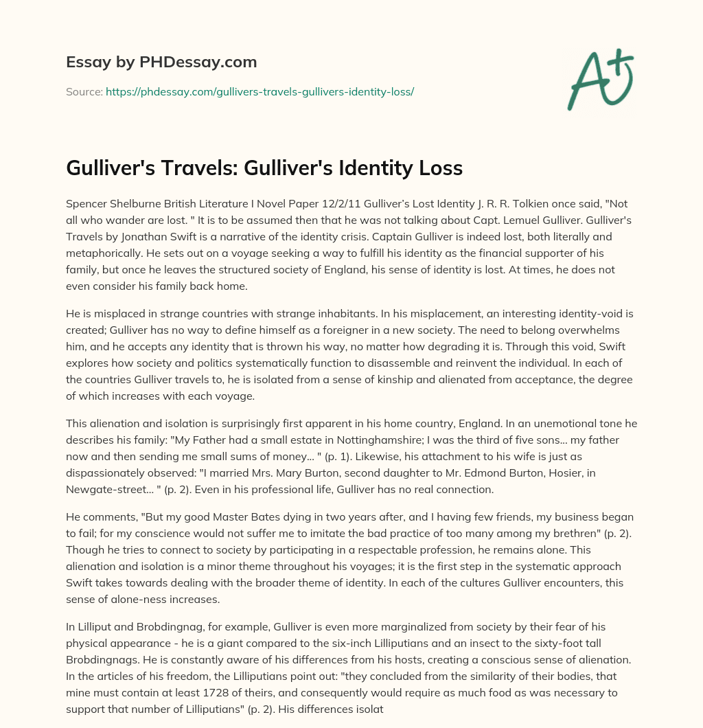 Gulliver’s Travels: Gulliver’s Identity Loss essay