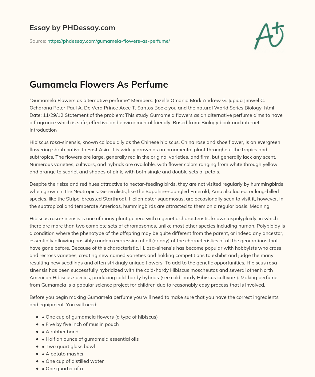 Gumamela Flowers As Perfume essay