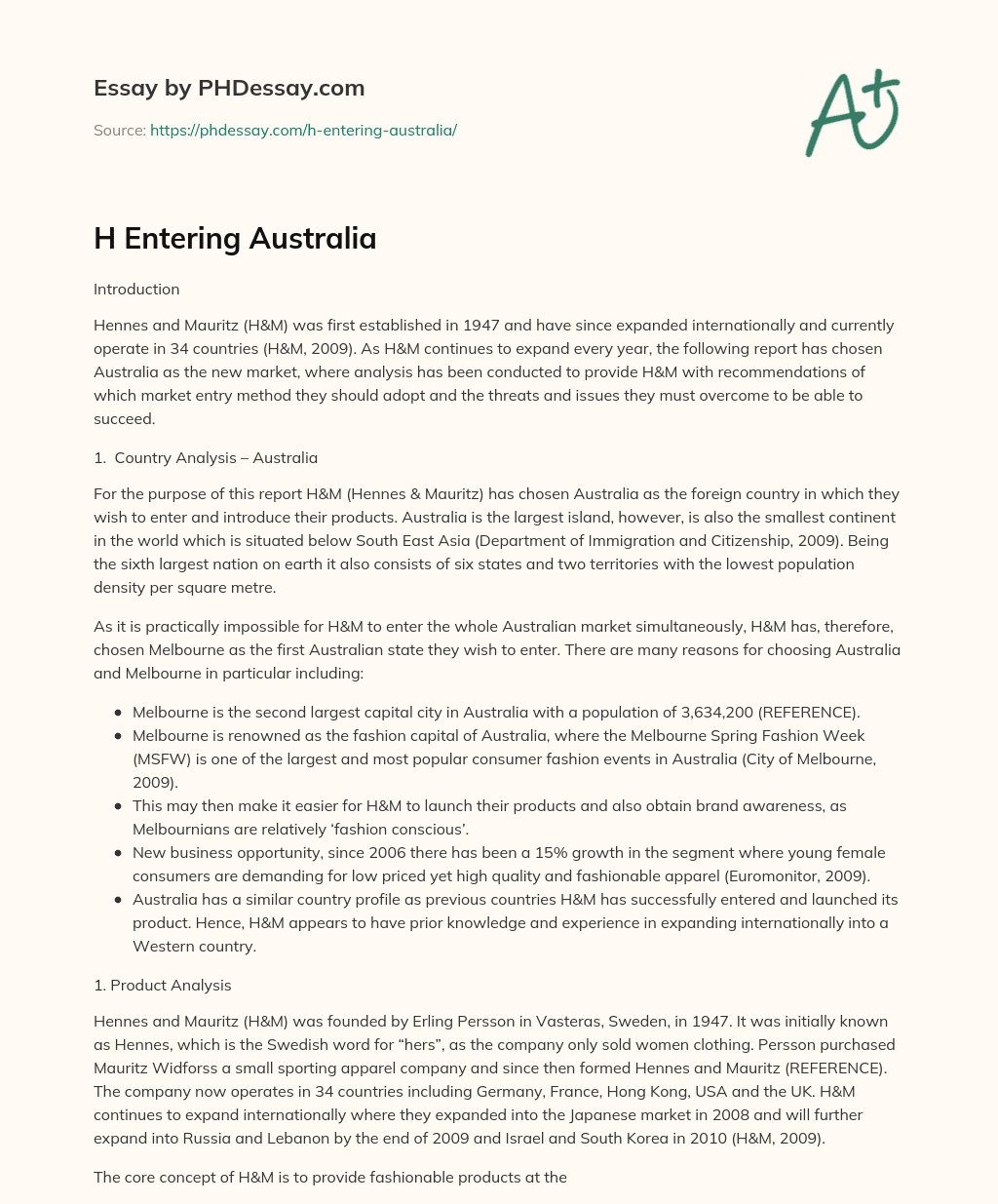H Entering Australia essay