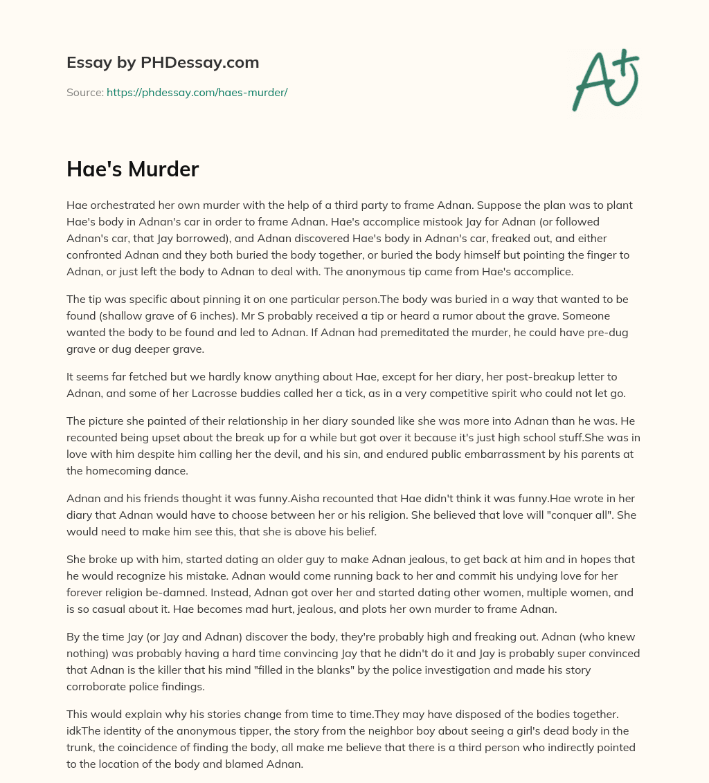 Hae’s Murder essay