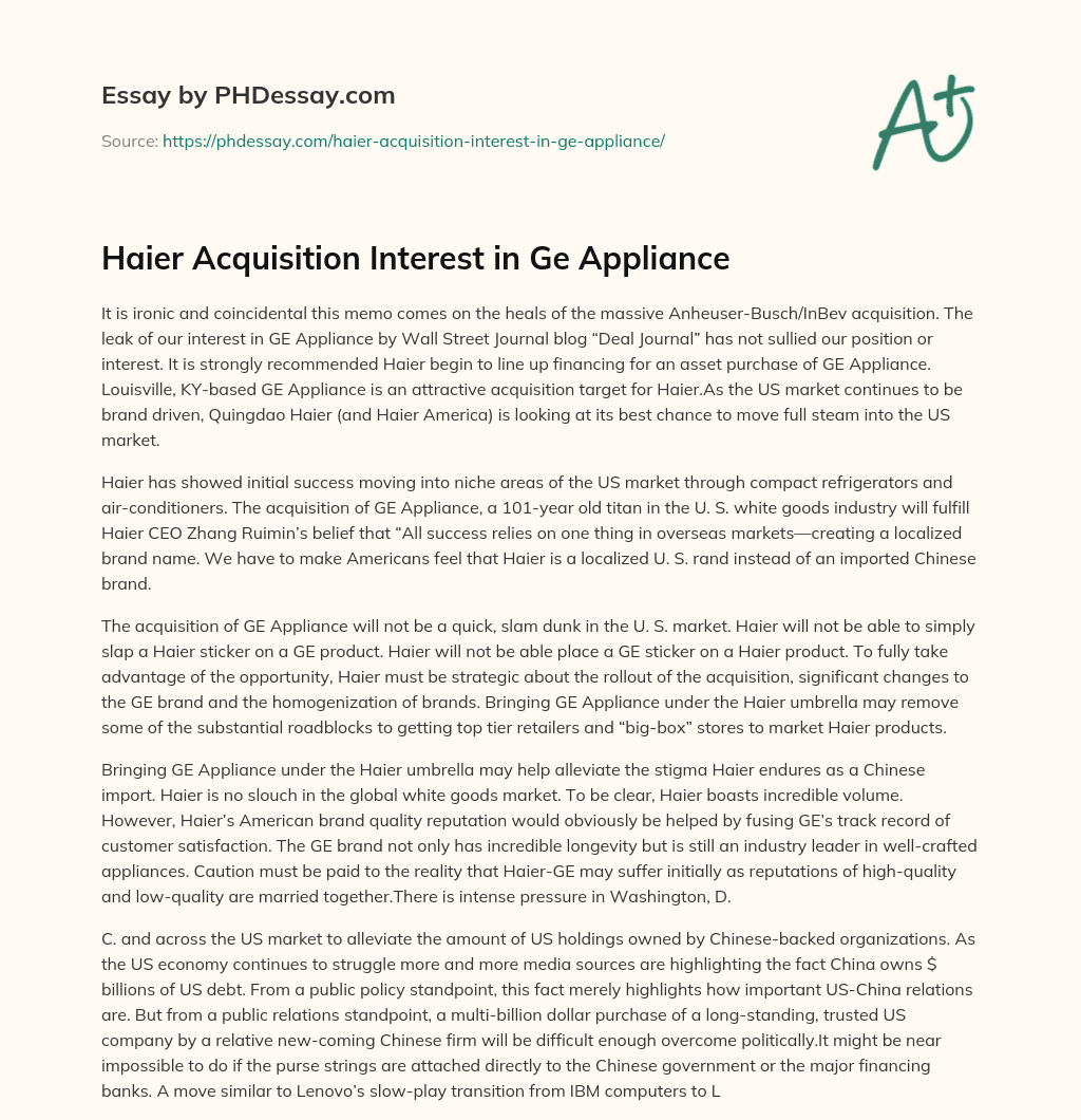 Haier Acquisition Interest in Ge Appliance essay