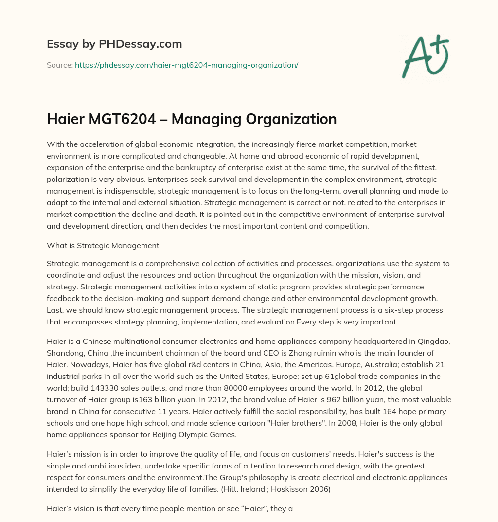 Haier MGT6204 – Managing Organization essay