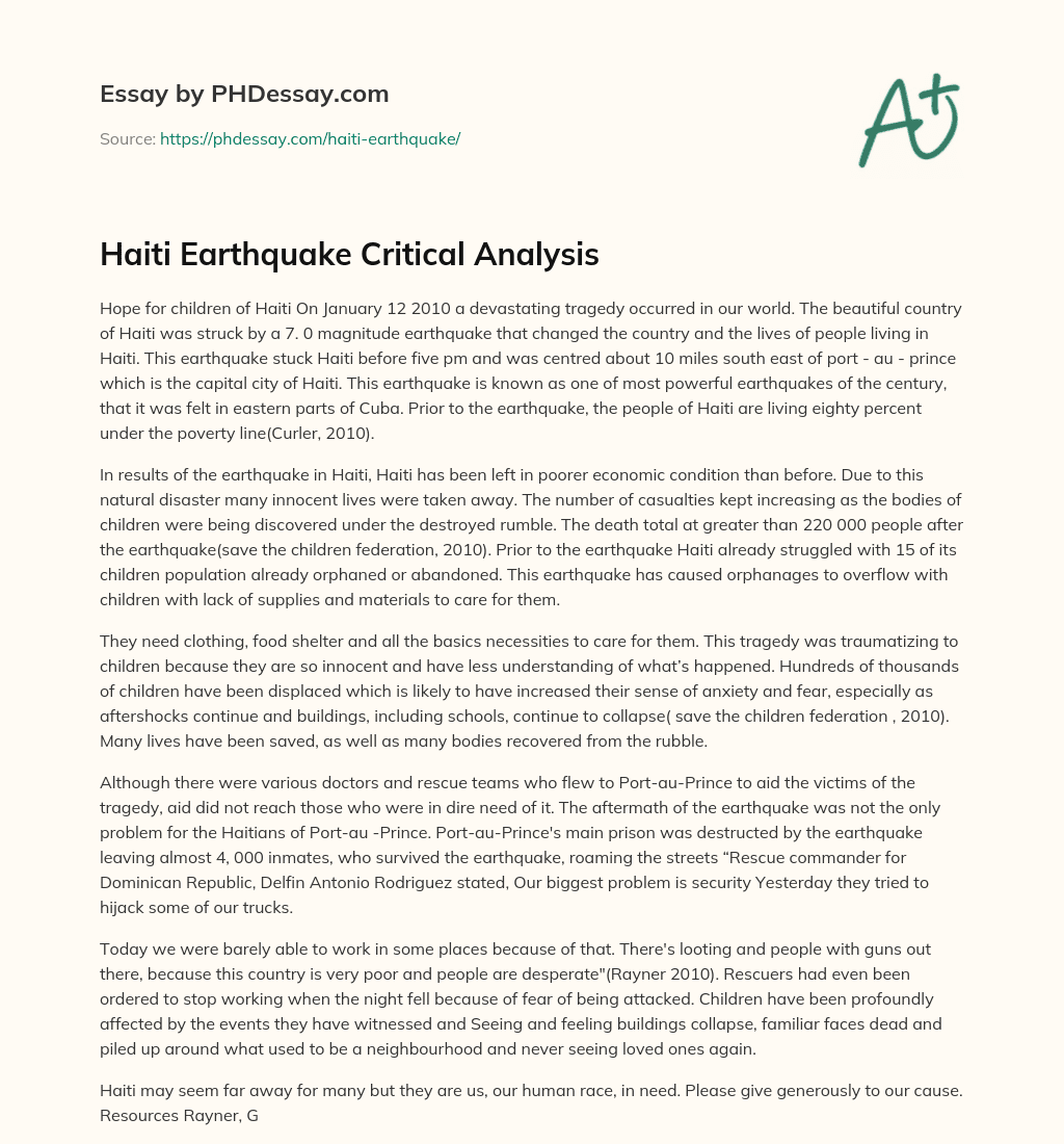 Haiti Earthquake Critical Analysis essay