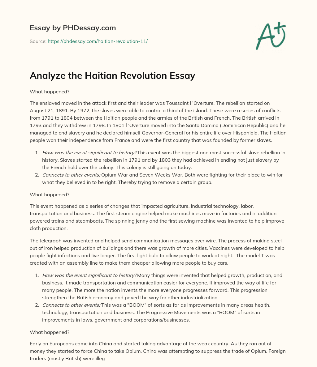 The Haitian Revolution: A Historic Event of Slave Rebellion and Independence essay