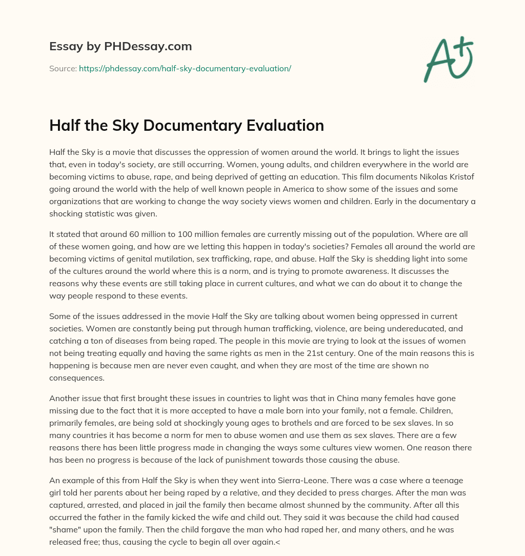 Half the Sky Documentary Evaluation essay