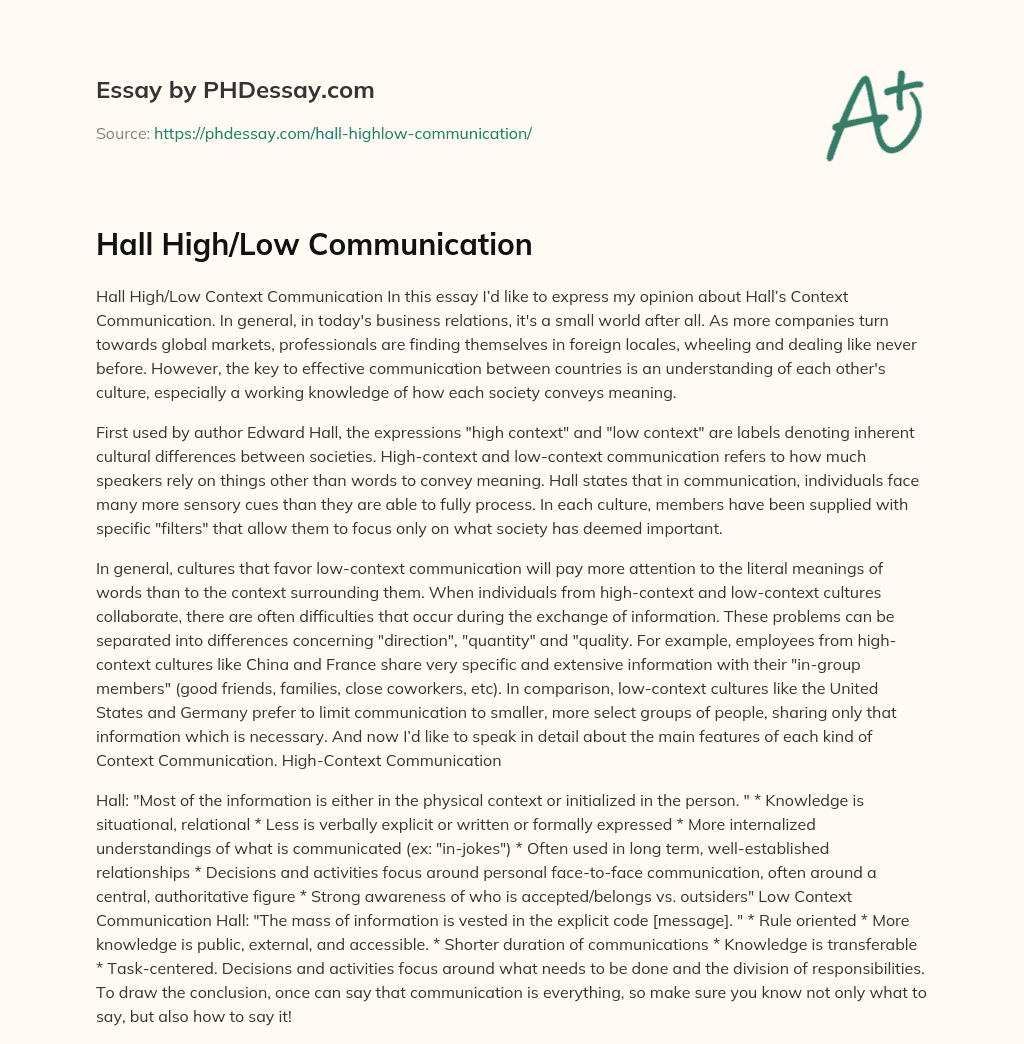 Hall High/Low Communication essay