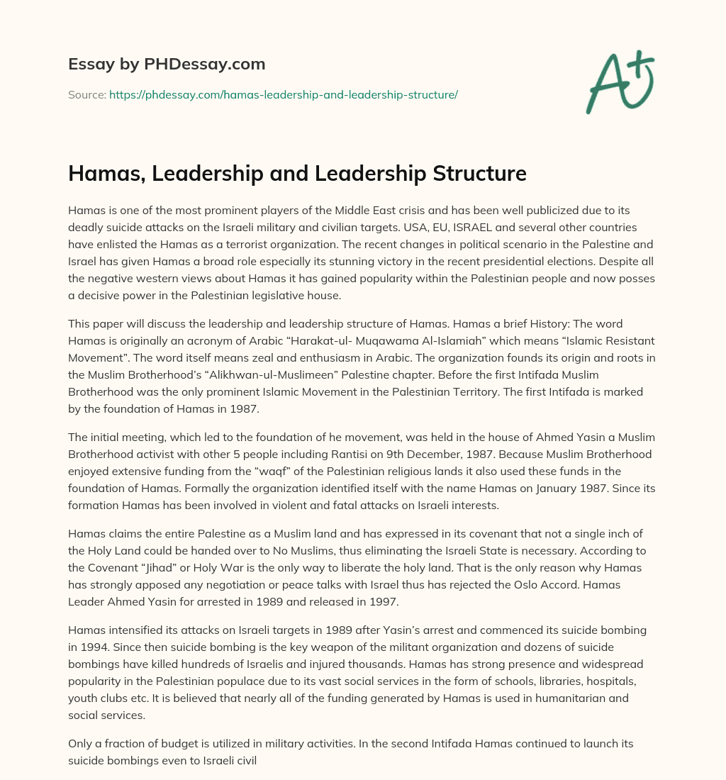 Hamas, Leadership and Leadership Structure essay