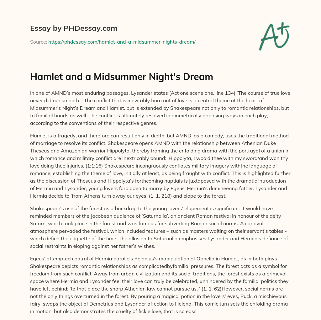Hamlet and a Midsummer Night’s Dream essay