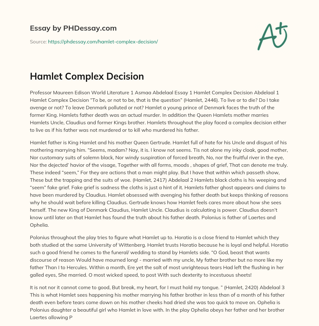 Hamlet Complex Decision essay