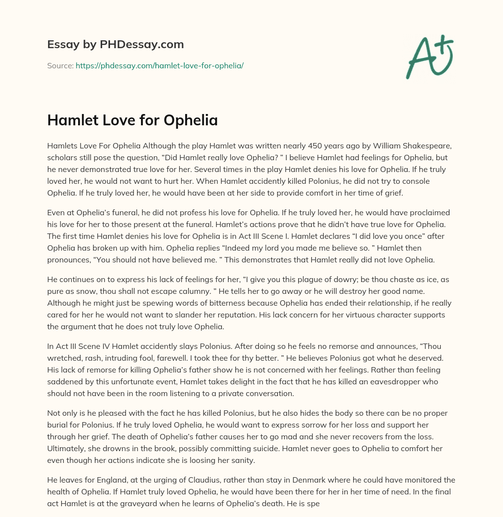 Hamlet Love for Ophelia essay