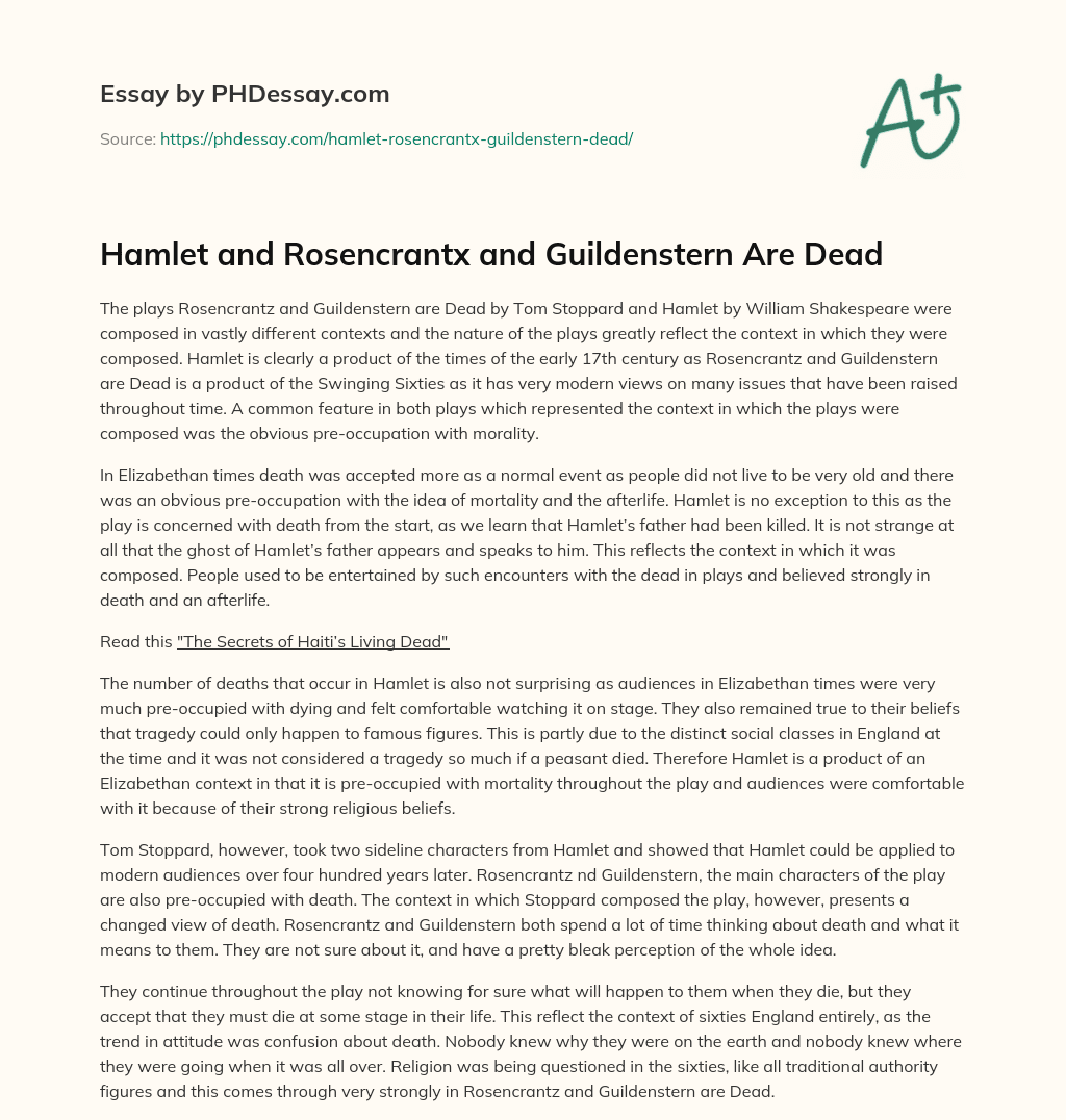 Hamlet and Rosencrantx and Guildenstern Are Dead essay