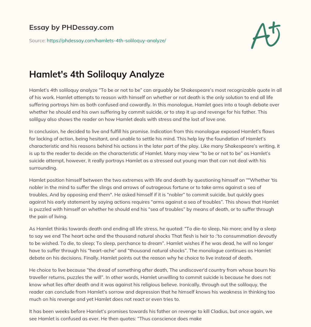 Hamlet’s 4th Soliloquy: To Be or Not to Be essay