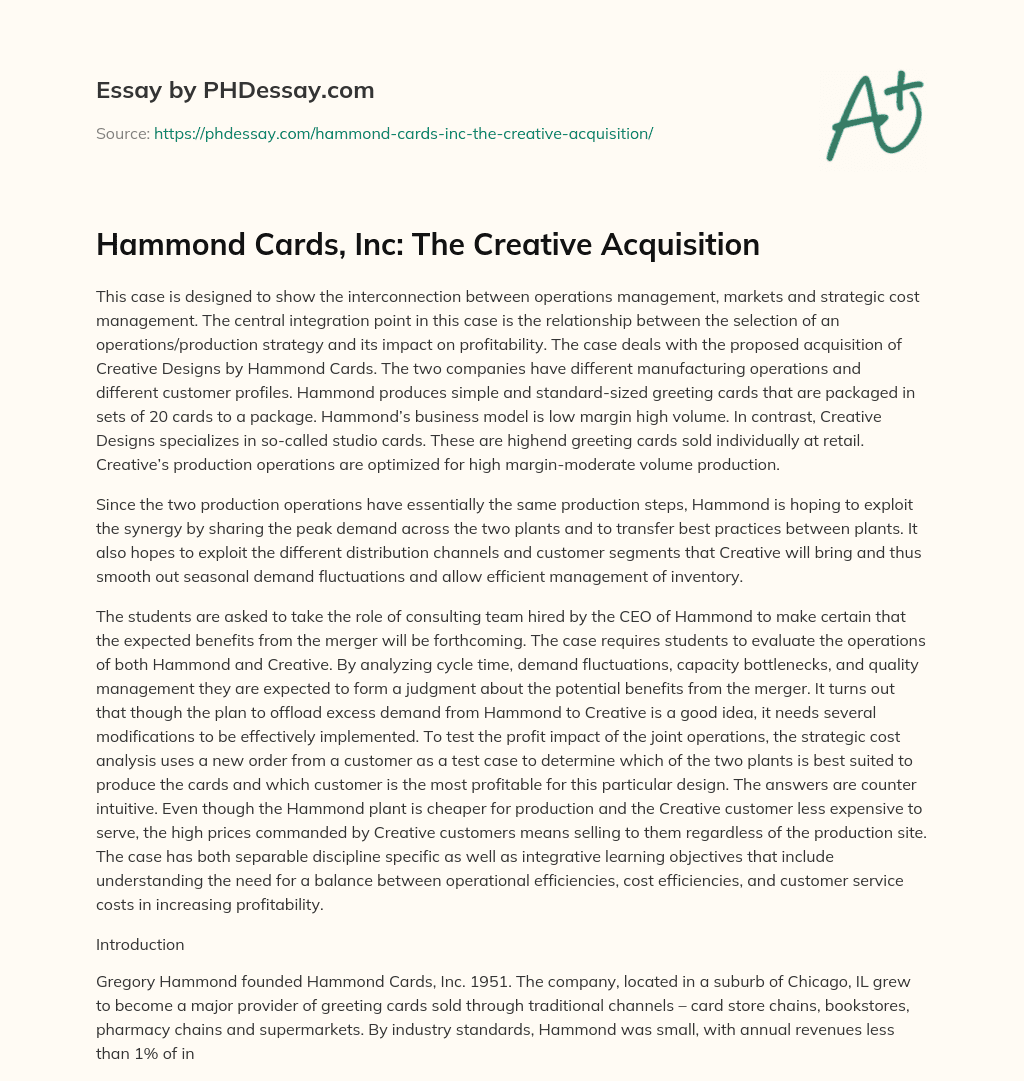 Hammond Cards, Inc: The Creative Acquisition essay