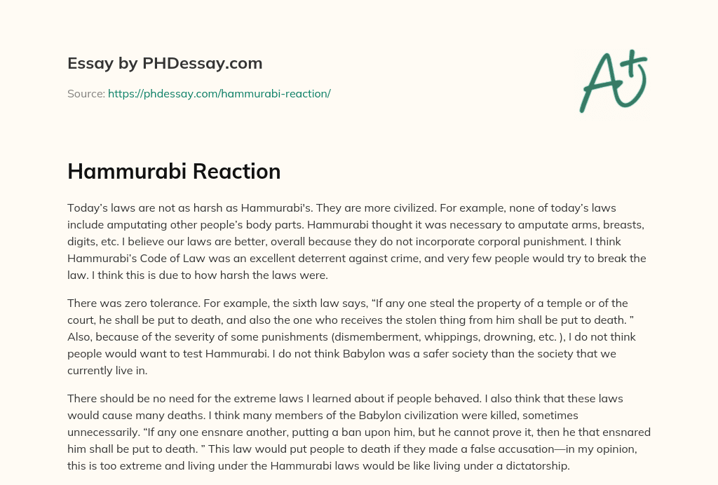 Hammurabi Reaction essay
