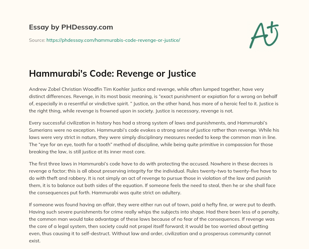 Hammurabi’s Code: Revenge or Justice essay