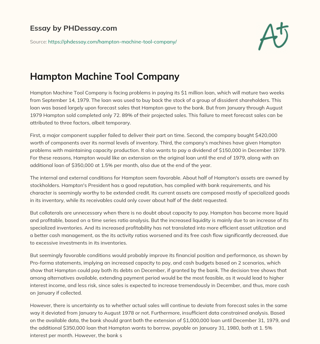 Hampton Machine Tool Company essay
