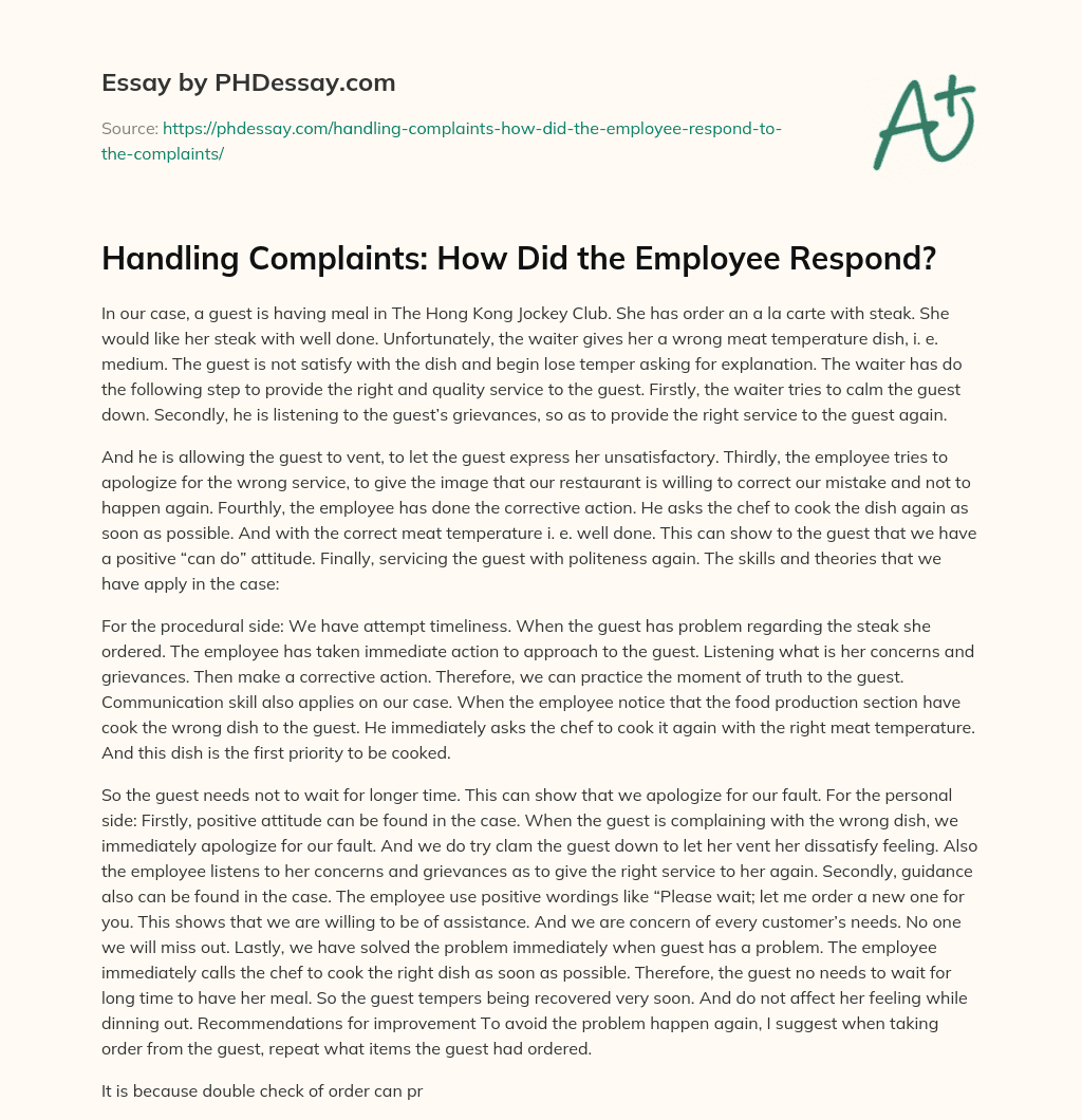 Handling Complaints: How Did the Employee Respond? essay