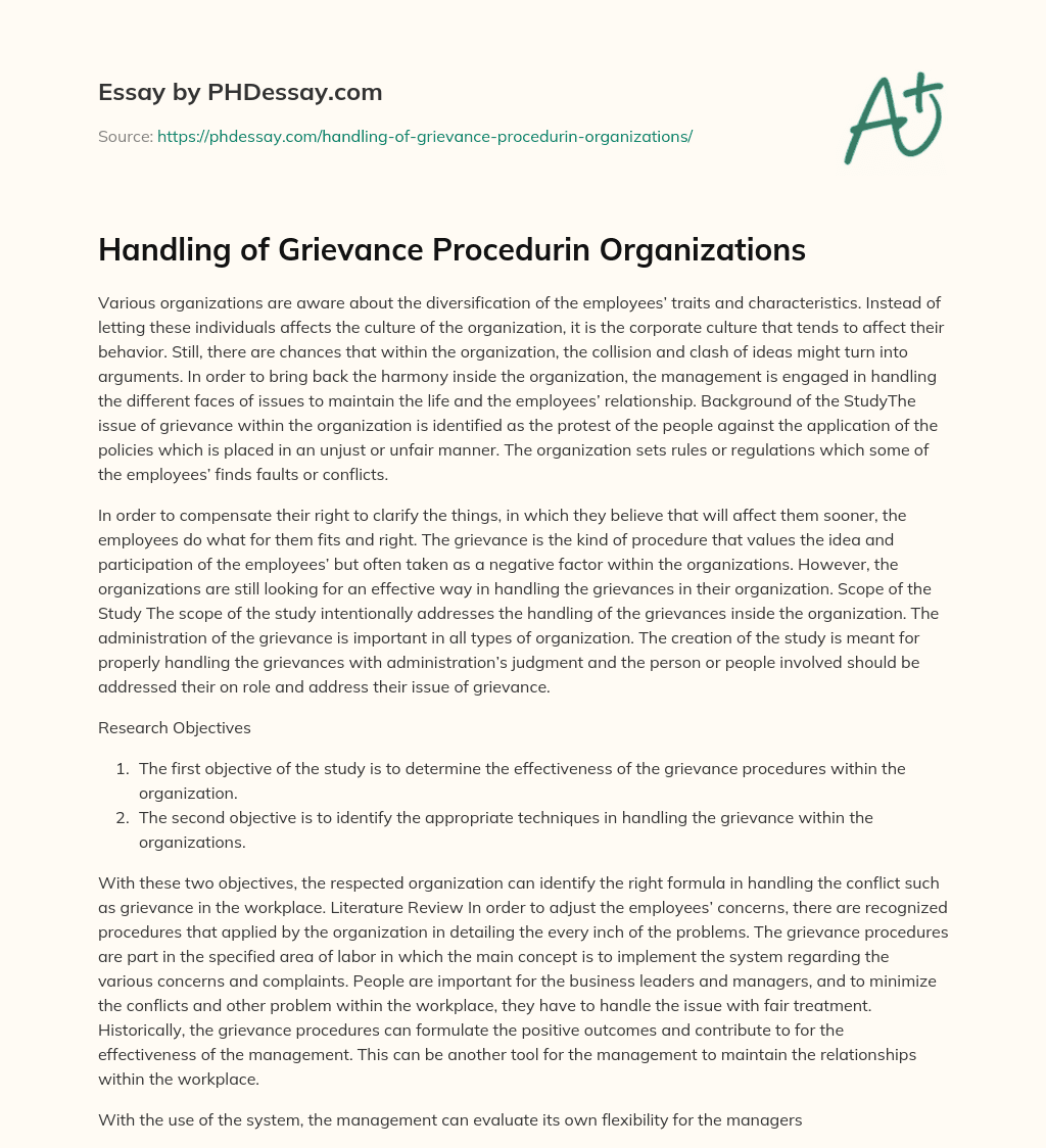 Handling of Grievance Procedurin Organizations essay