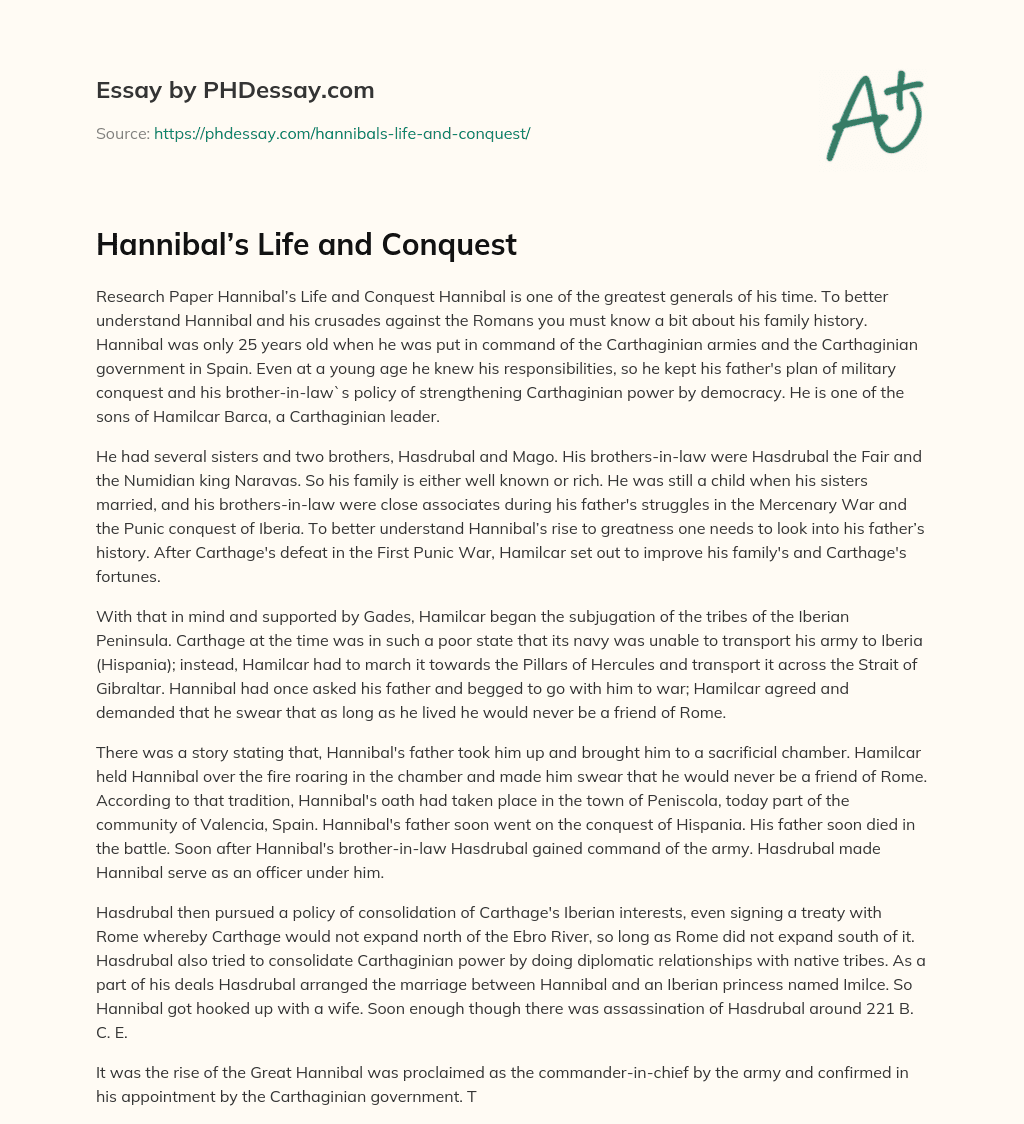 Hannibal’s Life and Conquest essay