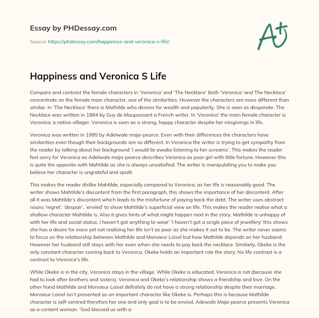 Happiness and Veronica S Life essay