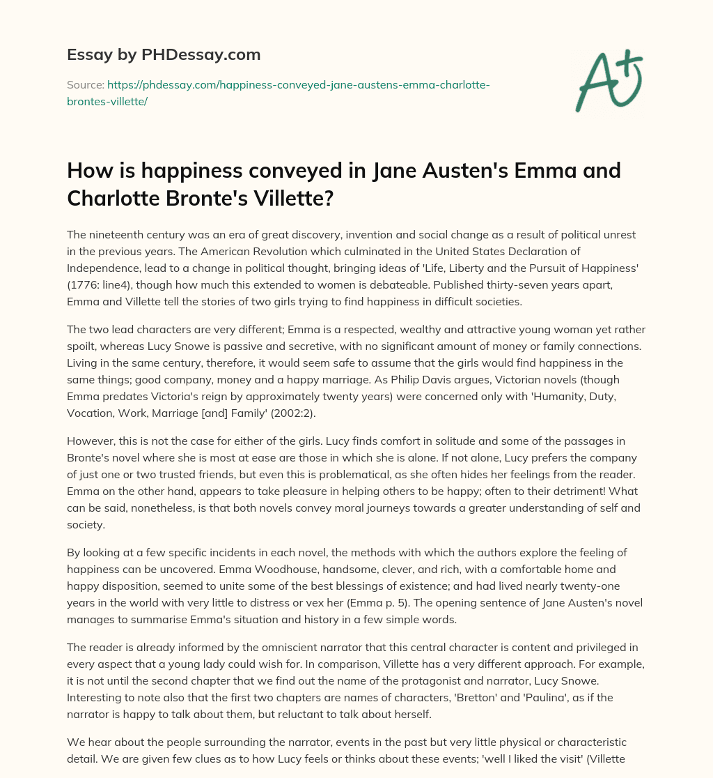 How is happiness conveyed in Jane Austen’s Emma and Charlotte Bronte’s Villette? essay